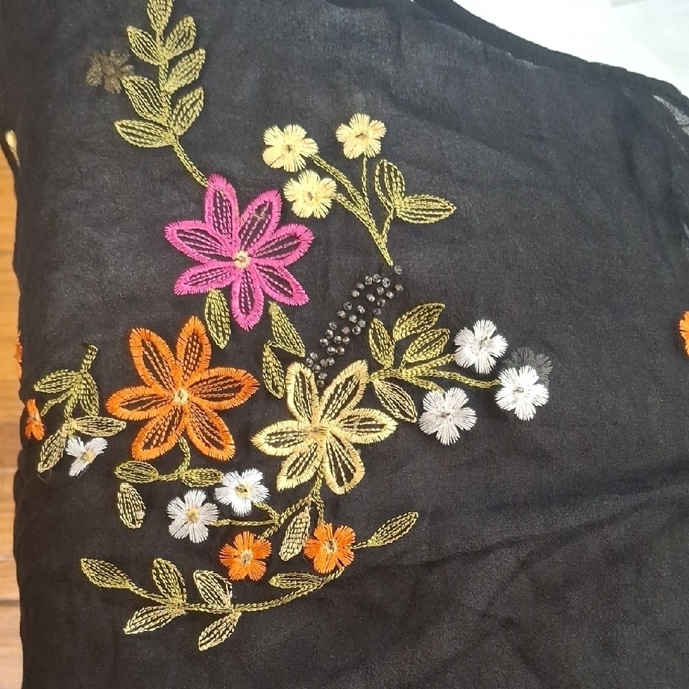 New.SilkLand Black Sheer Blouse with Multicolor Floral Embroidery Size M - Picture 10 of 12